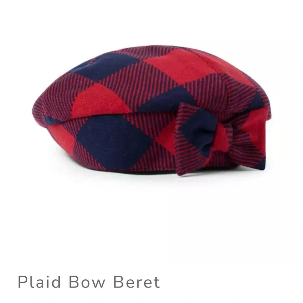 NWT Janie and Jack Plaid Red & Navy bow beret Girls 6-8y